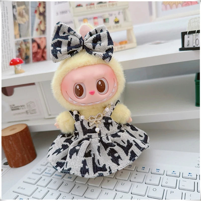 EZ For 17cm Labubu Mini Doll Clothes Outfit Four-leaf Flowers Hat Overalls Clothes Loafer Shoes Doll Accessories Sitting Party