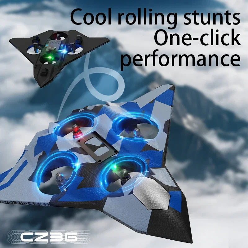 EZ CZ36 2.4G 10CH RC EPP Foam Fighter Plane - 360 Degrees Stunt Tumbling, One-Key Takeoff, LED Lights - Best Kids Toy Gift