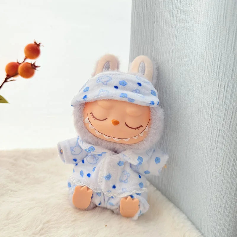 EZ Labubu Mini Pajamas with Eye Mask Three-piece Kawaii 15-17cm V1 V2 Labubu Clothes Cute Idol Plush Doll Accessories