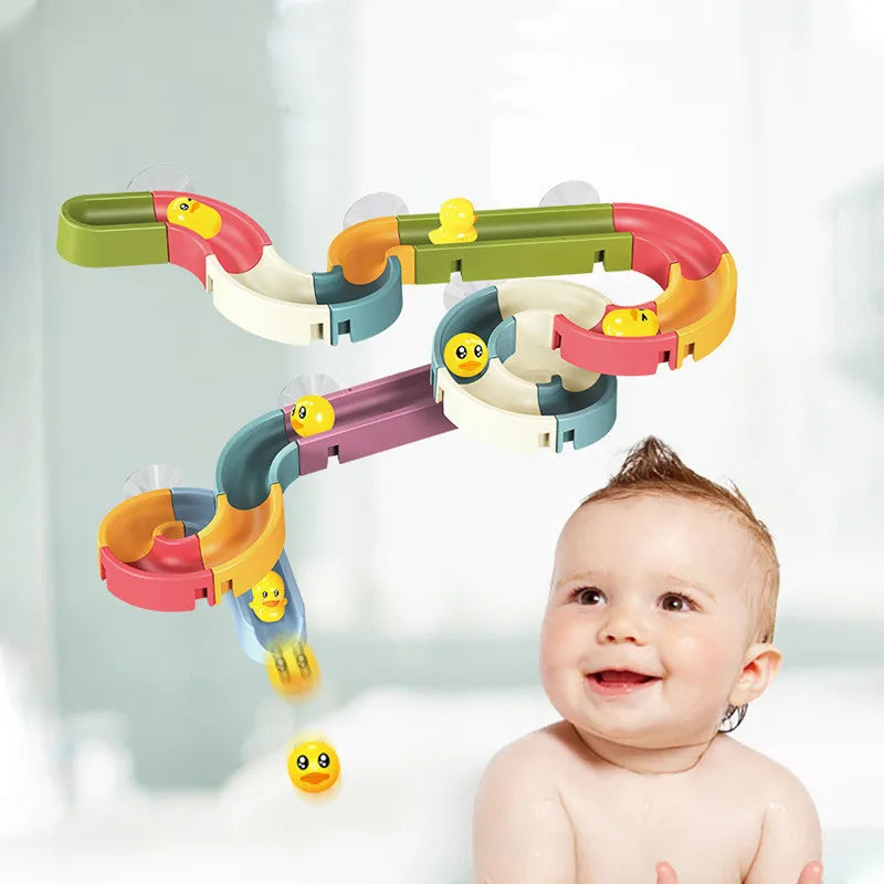 EZ Baby Bath Toys Wall Bathtub Toy Assembling Slide Wind-Up Duck Slide Bathroom Shower Tracks Water Toys for Toddlers Kids Gifts
