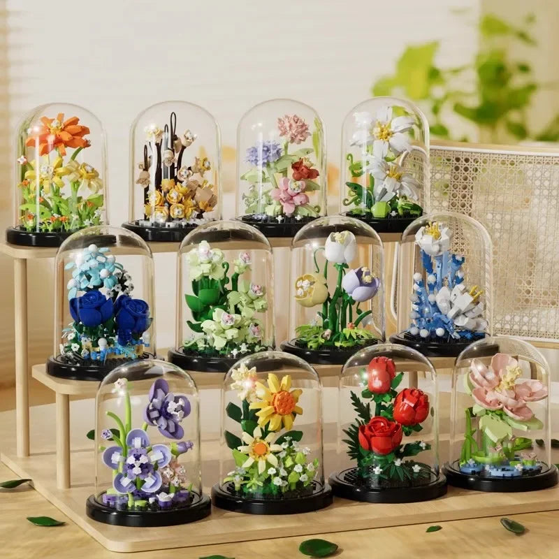 EZ Flower Bouquet Bonsai Building Blocks Artificial Plastic Plant Dust Cover Micro Model Home Decoration Toy For Kid Birthday Gift