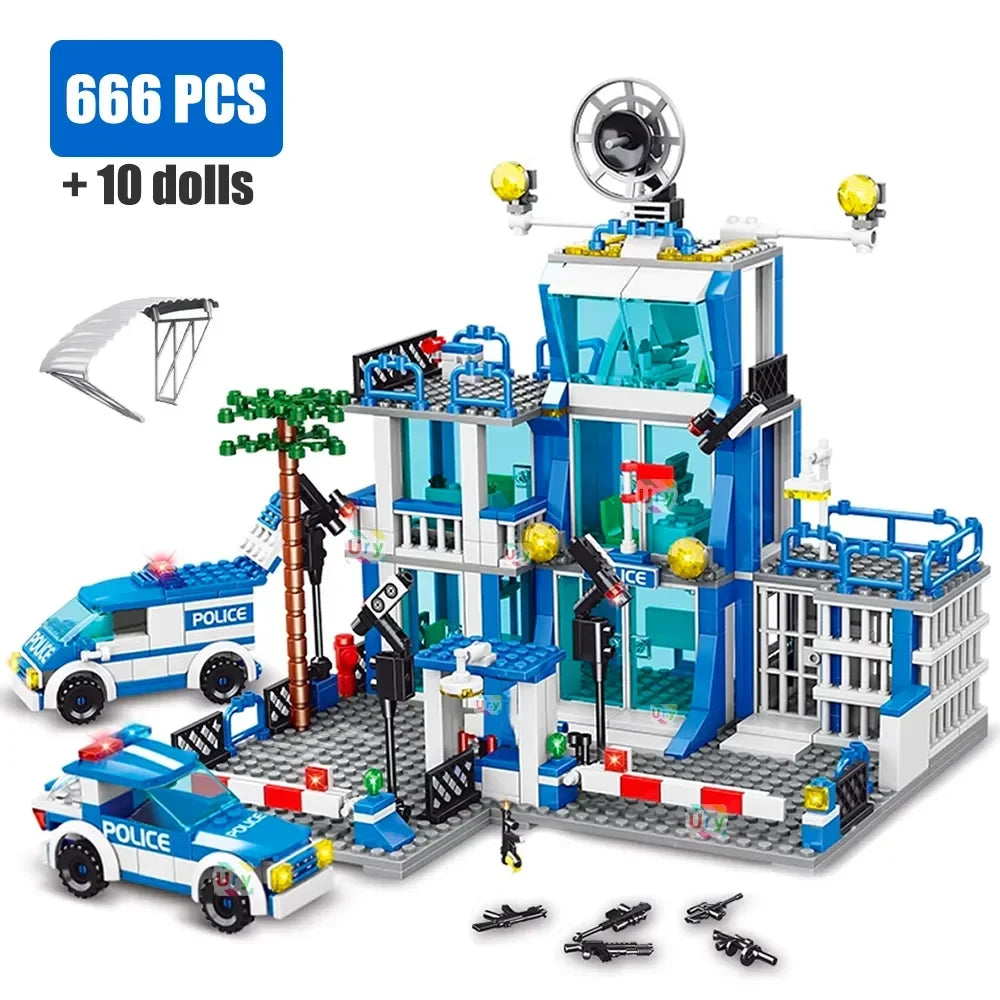 EZ City police station building block group boy DIY car brick police station model building children's educational toy gift