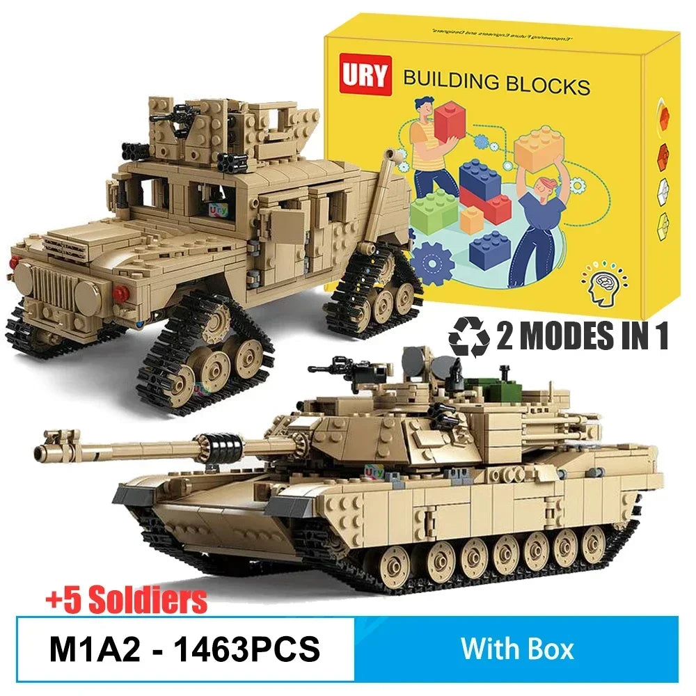 EZ 2in1 WW2 Military M1A2 Abrams MBT Tank Model Army Cannon Chariot Set Soldier Figures DIY Building Blocks Toys for Boys Kids Gift