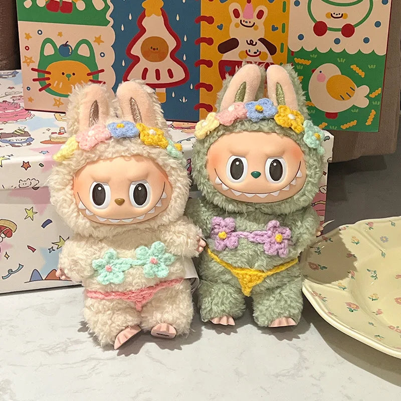 EZ Labubu Clothes 15/17cm V1 V2 V3 Doll Mini Plush Doll Hawaiian Style Bikini Grass Skirt Hair Band 3PCS/Pack Swimsuit Accessories