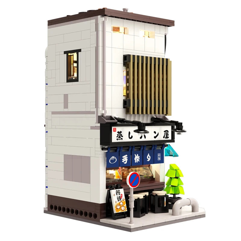 EZ Cada City LED Japanese Steamed Bun House Architecture Building Blocks Friends Shop Figures Bricks Toys cherry blossom Kids Gifts