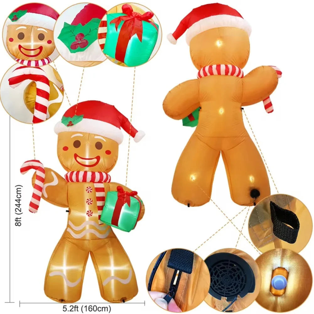 EZ 8FT/2.4M Christmas Inflatables Gingerbread Man with Gift Pack Outdoor Decorations Xmas Yard Decorations with LED Lights for Lawn