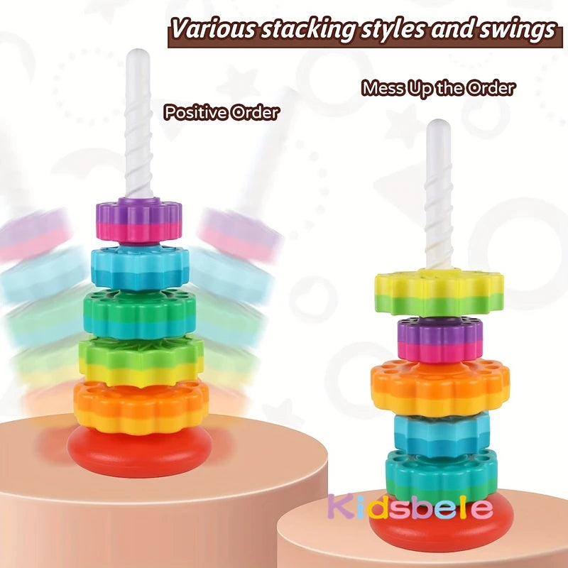 EZ Rotated Rainbow Spinning Stacking Toys Baby Early Education Puzzle Development Intelligence Ring Toy For Kids Boys Wheel For Kid