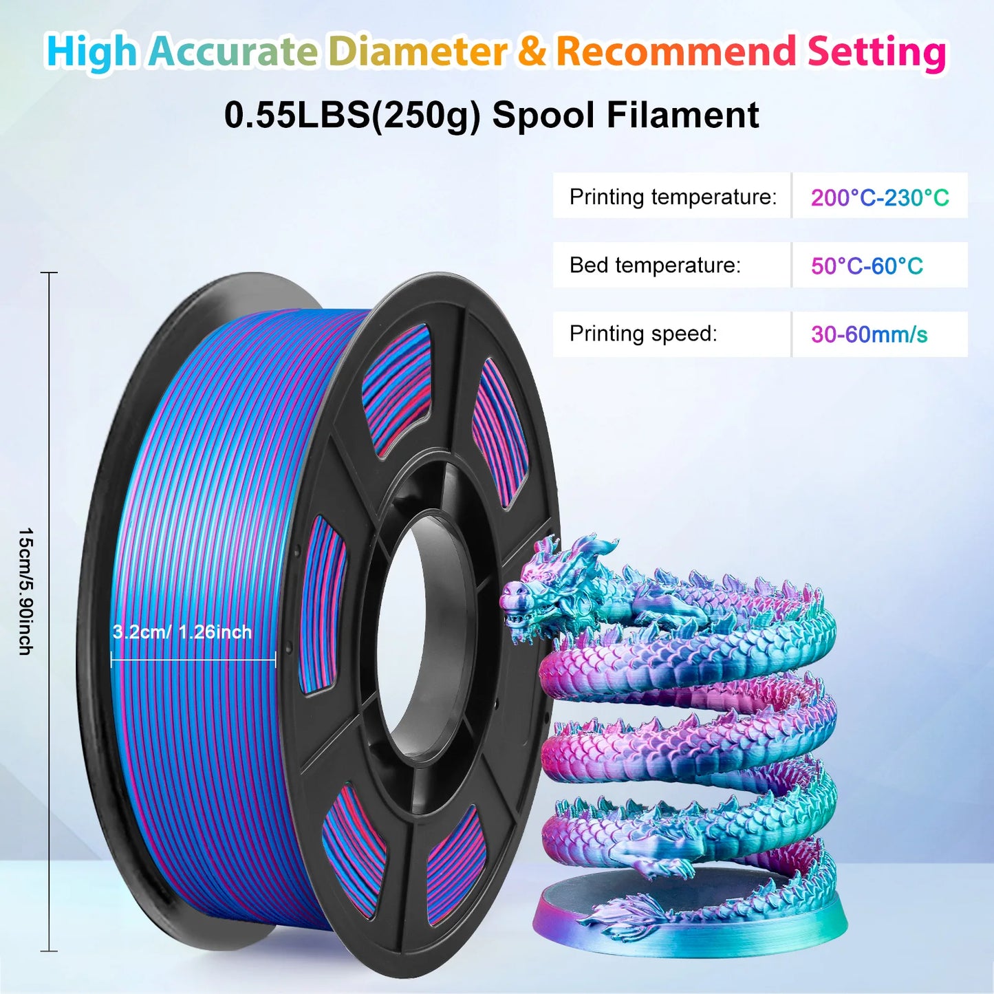 EZ Tricolor Silk PLA 3D Printer Filament, 1.75mm Multicolor 3D Printing Filament, Red&Blue&Green Filament, 250g (0.55lbs)