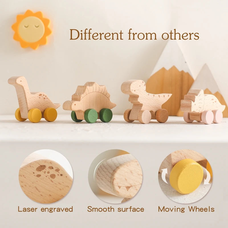 EZ Wooden Baby Car Toys Beech Wooden Dinosaur Cartoon Car Teether Educational Montessori Toys For Children Teething Baby Toys