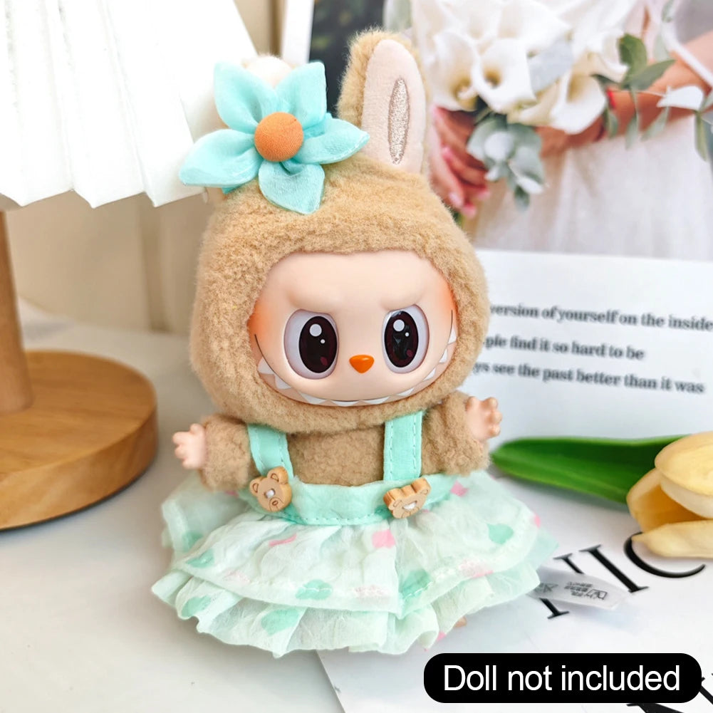 EZ Wrinkled Dress Knitted Straw Hat Vacation Style For 17cm Plush Doll Outfit Perfect Labubu Accessories Ropa Labubu