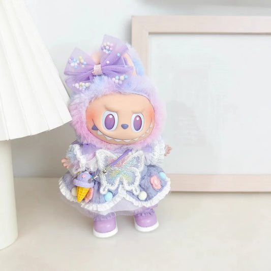 EZ 15/17cm Vinyl Plush Doll Clothes Labubu Pendant Lucky Purple Bow Dress Labubu V1/V2/V3 Clothes Accessories
