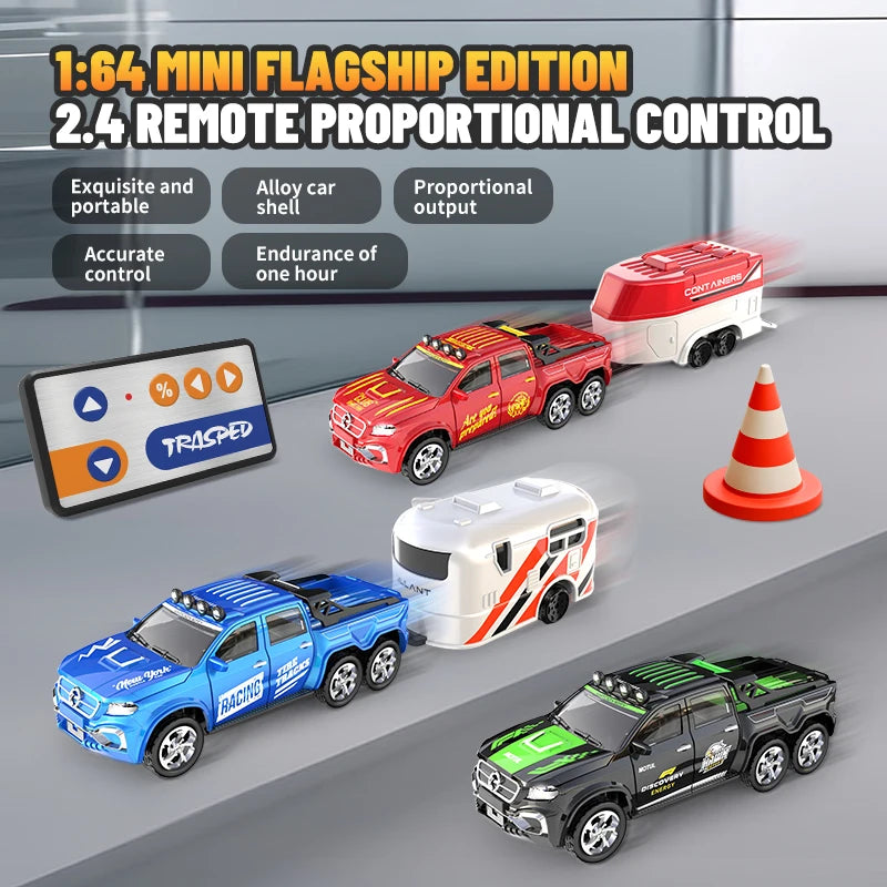 EZ 1:64 Metal Alloy Proportional Remote Control Vehicle Model 2.4GHz Mini Simulation RC Car With Trailer
