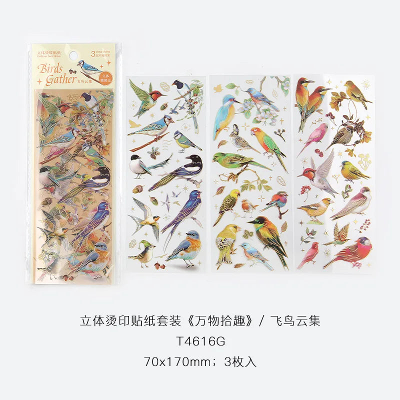 EZ 3pcs Kawaii Feather Dragonfly Bird Jellyfish Decorative Stickers Pack Scrapbooking Material Label Diary Phone Journal Planner