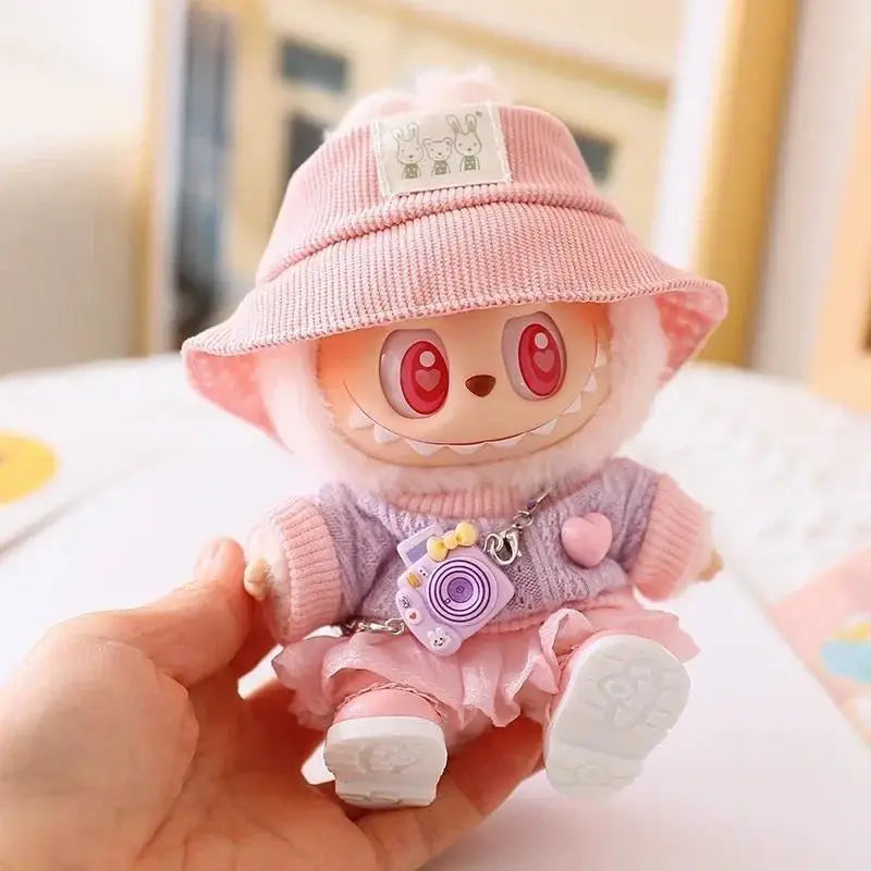 EZ 17cm Mini Plush Doll'S Clothes Outfit Accessories For Korea Kpop Exo Labubu Idol Dolls Corduroy overalls T-shirt Clothing Gift