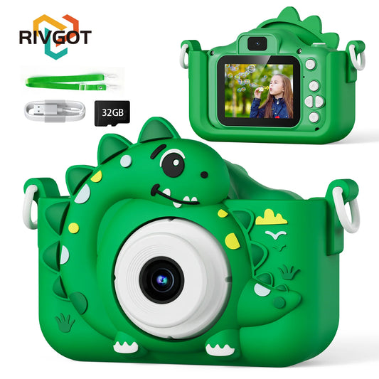 EZ Kids Digital Camera with 32G Card Toy Girl Boy 1080p Hd Screen Outdoor Cartoon Dinosaur Camera Photography Video Birthday Gifts