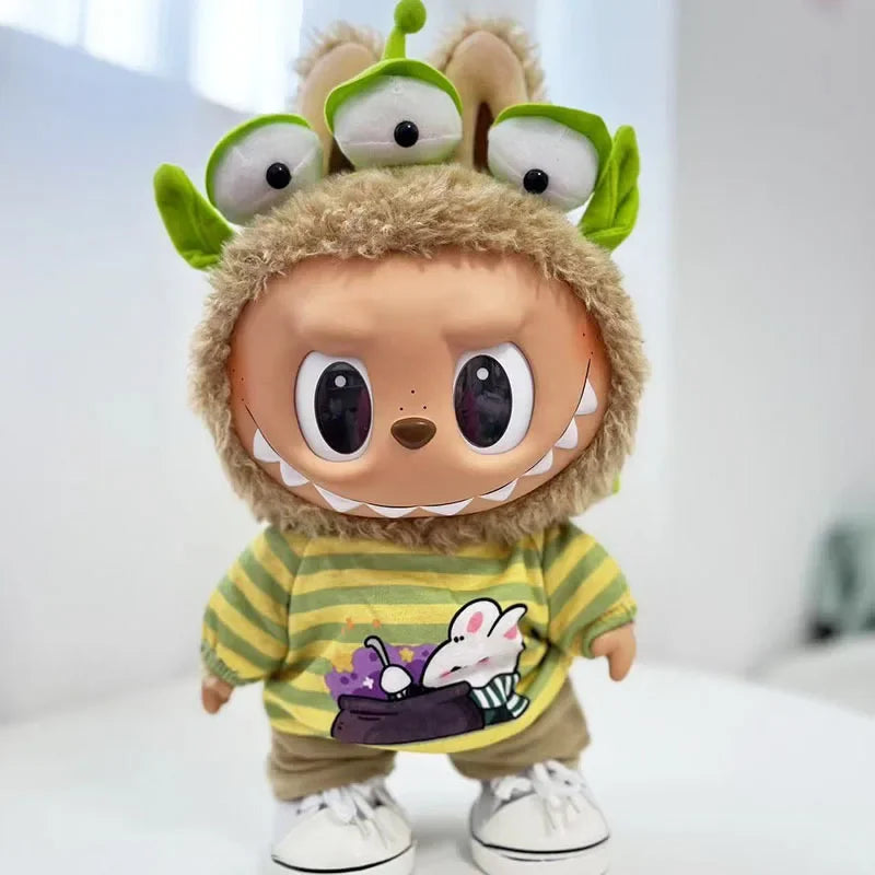 EZ For 38Cm Labubu outfit vinyl plush doll clothes for Korea Kpop Exo Labubu doll clothes striped animal shirt set