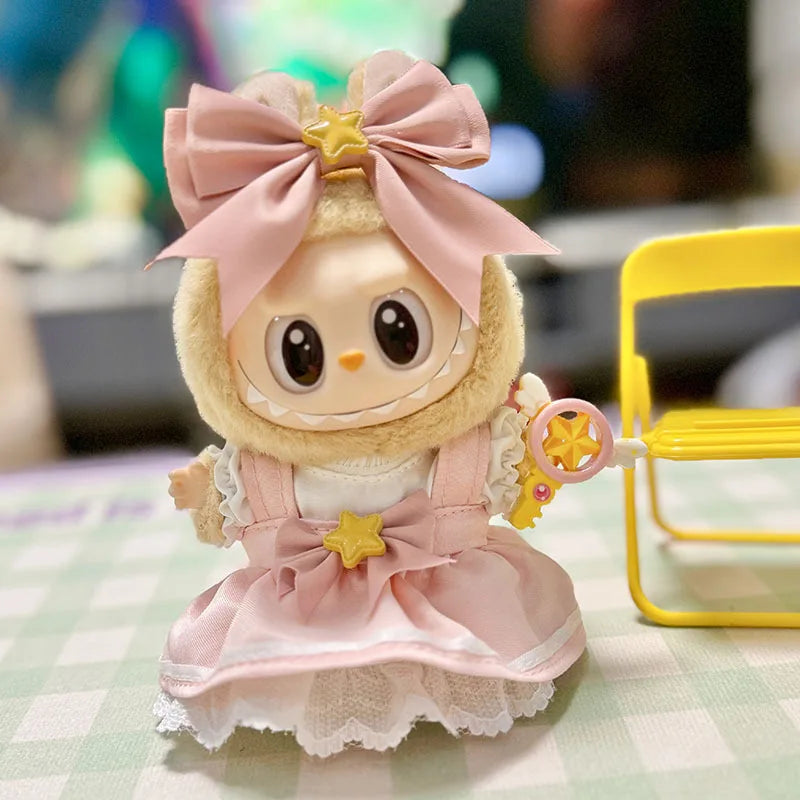 EZ 15/17cm Vinyl Plush Doll Clothes Labubu Pendant Lucky Purple Bow Dress Labubu V1/V2/V3 Clothes Accessories