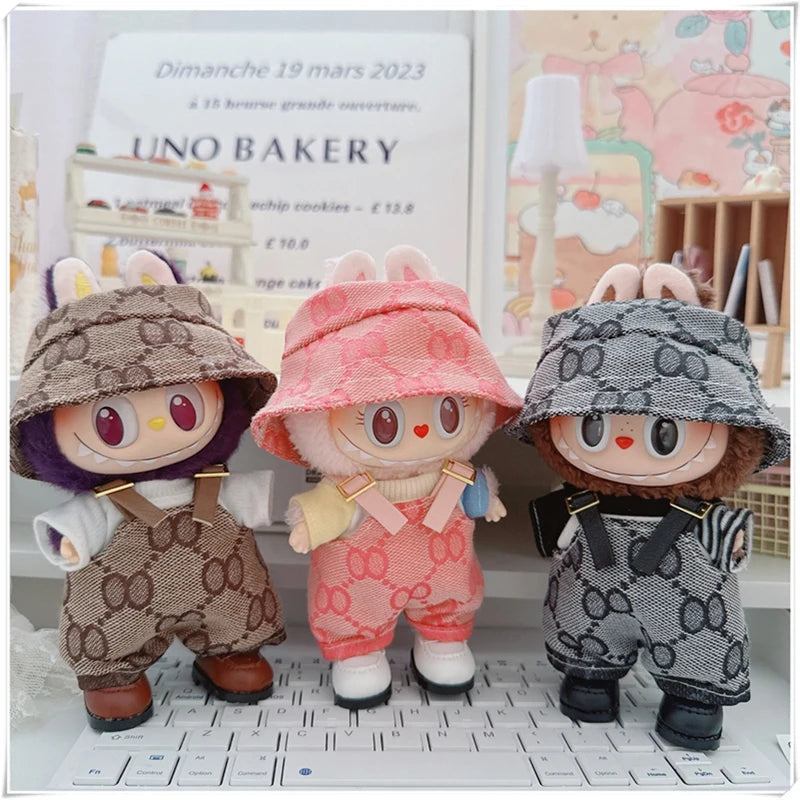 EZ For 17cm Labubu Mini Doll Clothes Outfit Four-leaf Flowers Hat Overalls Clothes Loafer Shoes Doll Accessories Sitting Party