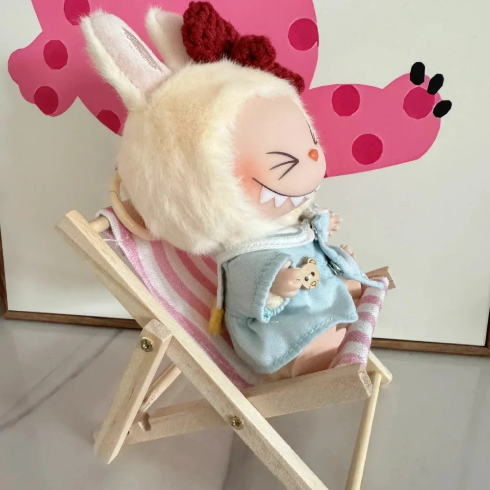 EZ Cute Labubu Doll Chair Mobile Phone Holder & Summer Swimsuit Dress with Slippers Doll Shirt Sea Beach Style