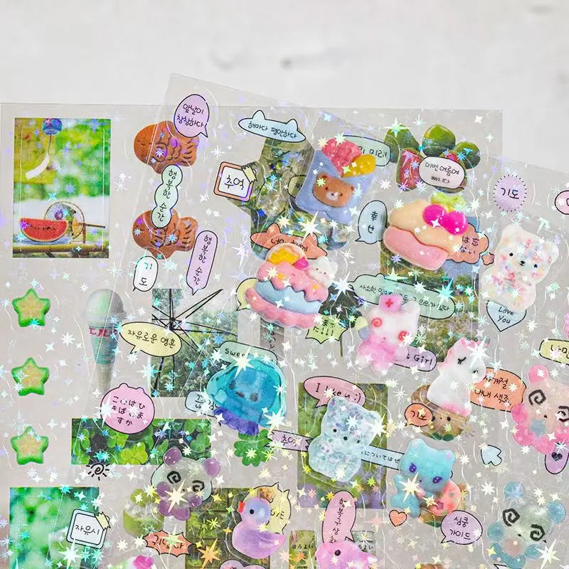 EZ 6pcs Glitter Stickers Y2K DIY Toploader Scrapbooking Journal Decor Stickers for Phone Kawaii Transparent PET Stickers Gift
