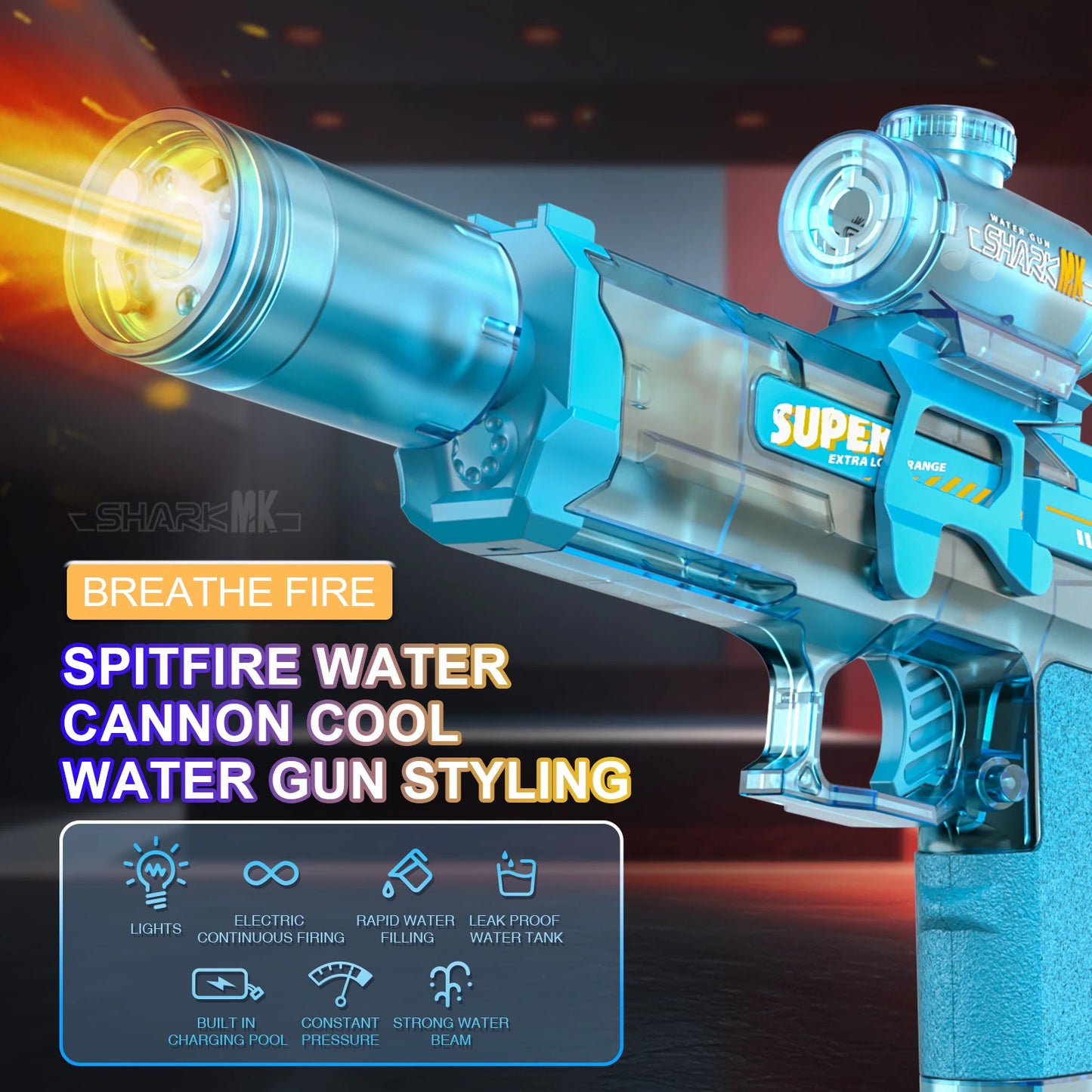 EZ New Electric Water Gun With light Sprays Flame Effect Continuously High-pressure High-speed Powerful Outdoor Water Gun Toys