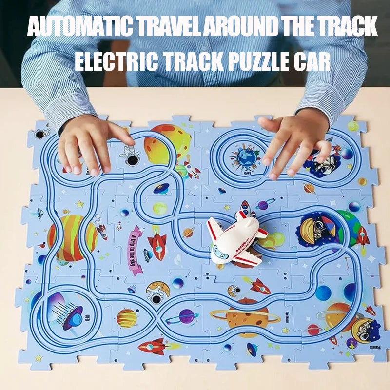 EZ Children Puzzle Electric Railroad Speeder DIY Assembly Electric Car Automatic Rail City Scene Construction Education Toy Gift