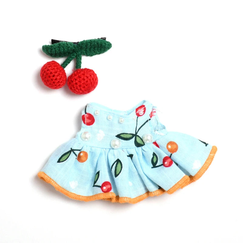 EZ Only Clothes Cute Mini Plush Doll's Clothes Outfit Accessories For Labubu Dolls Clothing Kids Gift Cherry Skirt Set