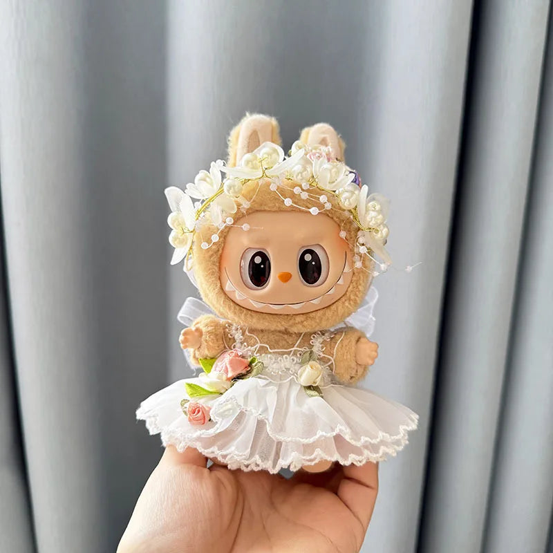 EZ Luxury Plush Wedding Dress Dolls Clothes for Labubu I II Korea Style Fluffy Romantic Wedding Dress Flower Hat Suit for Ladbubu