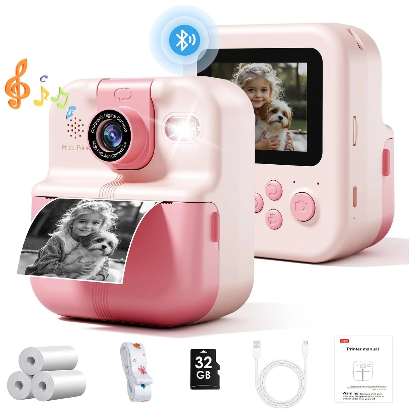 EZ Bluetooth Kids Camera Instant Print Photo 1080P Mini Toddler Camera for Boys Girls DIY Instant Print Toys With 32G SD Card