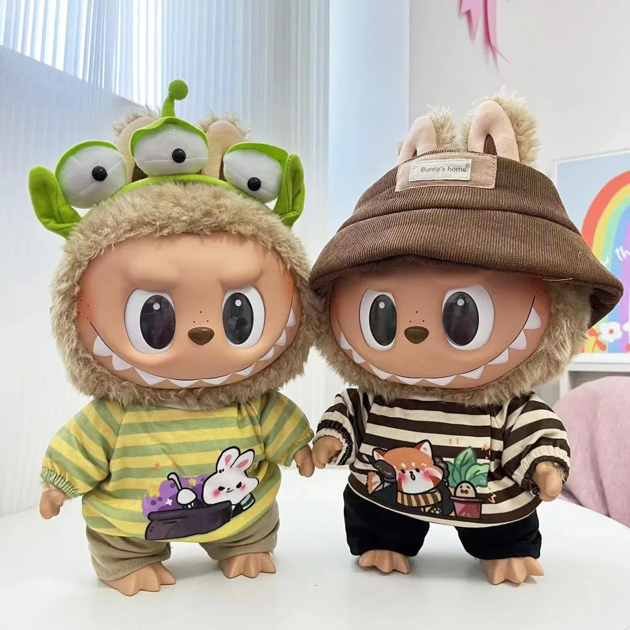 EZ For 38Cm Labubu outfit vinyl plush doll clothes for Korea Kpop Exo Labubu doll clothes striped animal shirt set