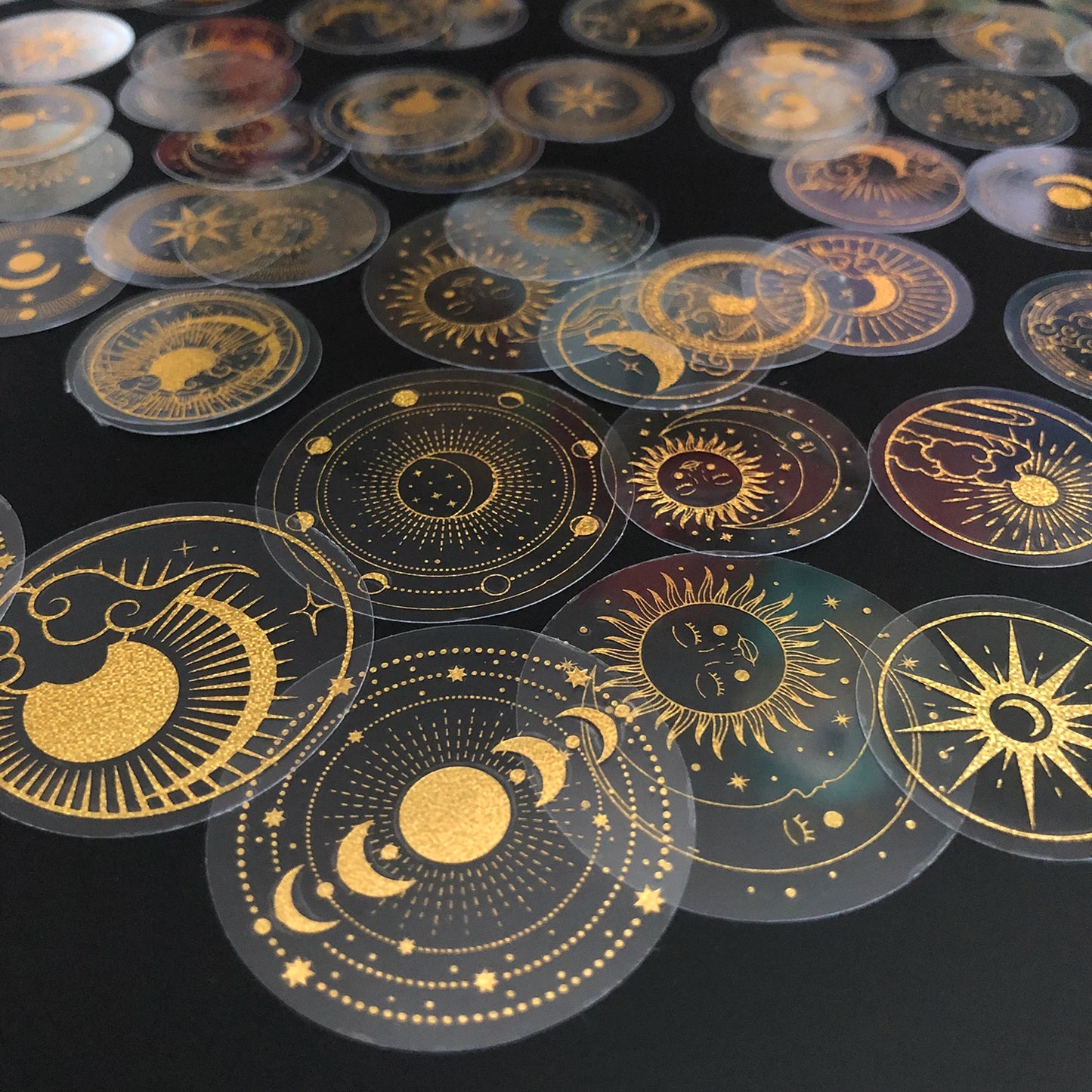 EZ 70 pcs Glitter Gold PET Adhesive Stickers Waterproof Transparent Label: SUN MOON Stars etc