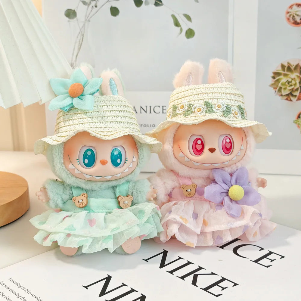 EZ Wrinkled Dress Knitted Straw Hat Vacation Style For 17cm Plush Doll Outfit Perfect Labubu Accessories Ropa Labubu