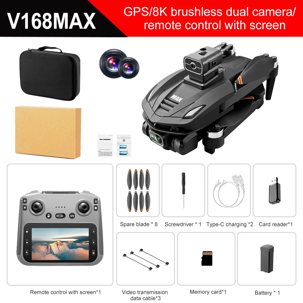 EZ 2025 V168 Pro MAX GPS Drone 8K Professional HD Camera 5G WIFI FPV 360° Obstacle Avoidance Brushless Large Screen RC Quadcopter