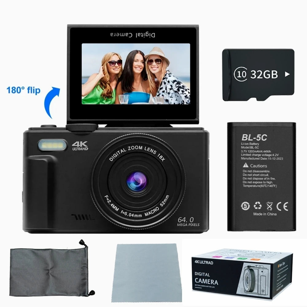 EZ 4K Digital Camera for Photography and 18X Digital Zoom Camera 64MP Compact Vlogging Camera 3'' 180° Flip Screen with Flash