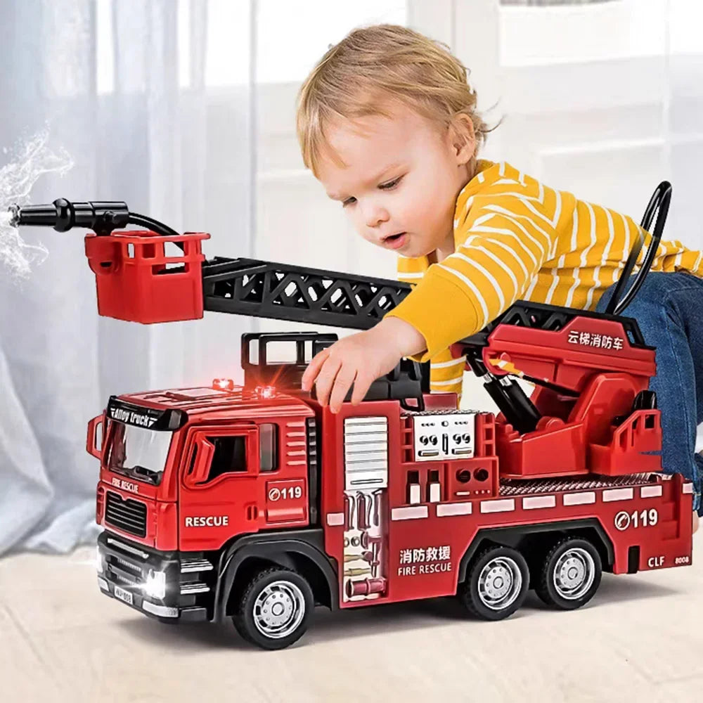 EZ 1/32 Fire Engine Car Toy Model with Sound Light Ladder Fire Truck Wheel Pull Back Sprinkler Rescue Vehicle Boys Decoration Gifts