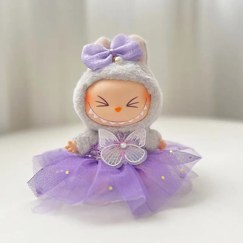 EZ 15/17cm Vinyl Plush Doll Clothes Labubu Pendant Lucky Purple Bow Dress Labubu V1/V2/V3 Clothes Accessories