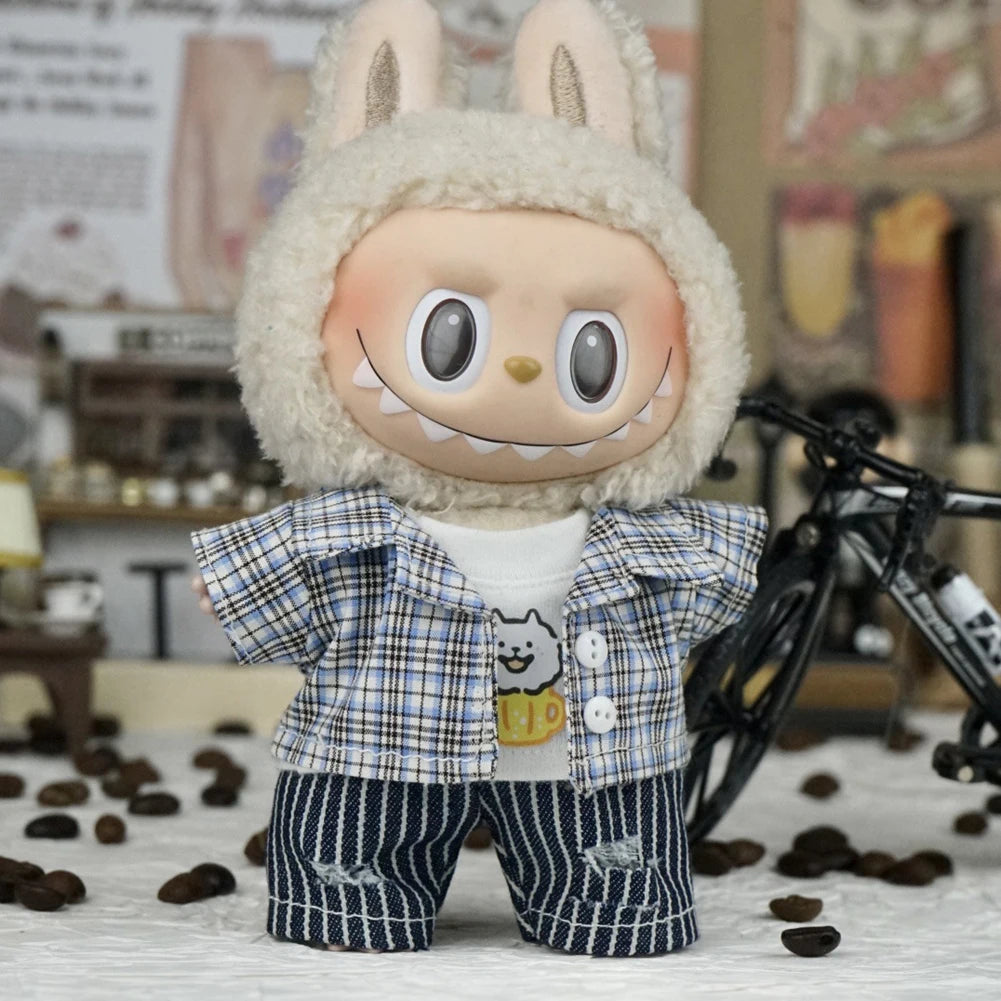 EZ Ropa Labubu Sitting Party Plush Pendant Baby Clothes Pure White Summer T-Shirt Set Striped Shirt & Shorts Set