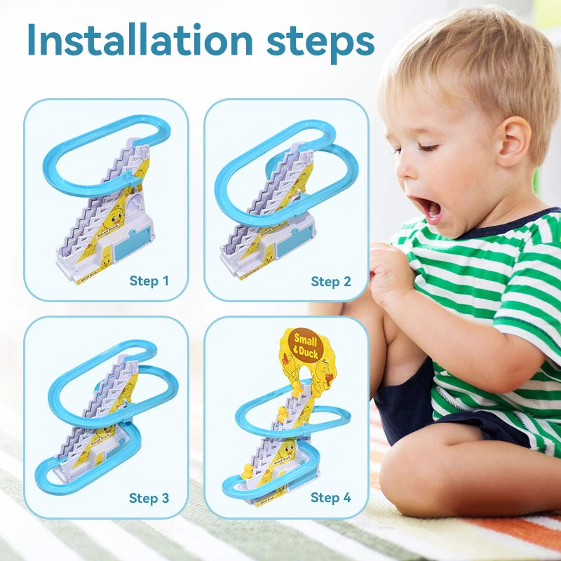 EZ Climbing Stairs Track Toys Electric Duck DIY Rail Racing Track Roller Coaster Toys Set Light Music Educational Toy For Kids Gift