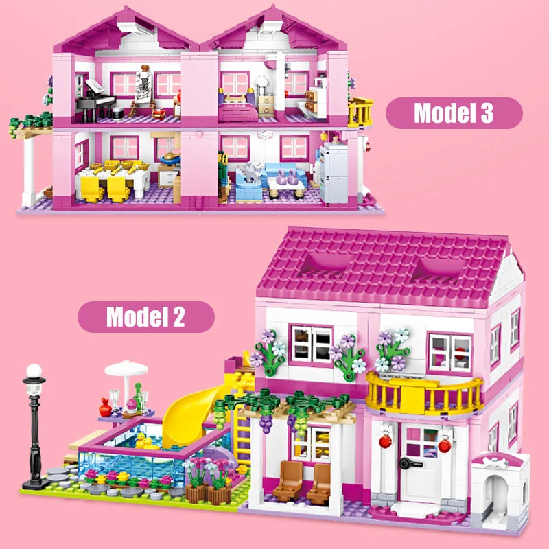 EZ ZKZC 1018pcs City 1 Change 3 Summer Double-storey Villa House Building Blocks Friends Garden Flower Figures Bricks Toys Girls