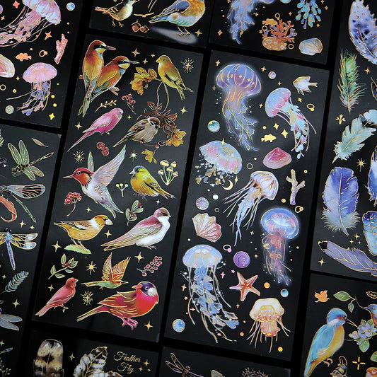 EZ 3pcs Kawaii Feather Dragonfly Bird Jellyfish Decorative Stickers Pack Scrapbooking Material Label Diary Phone Journal Planner