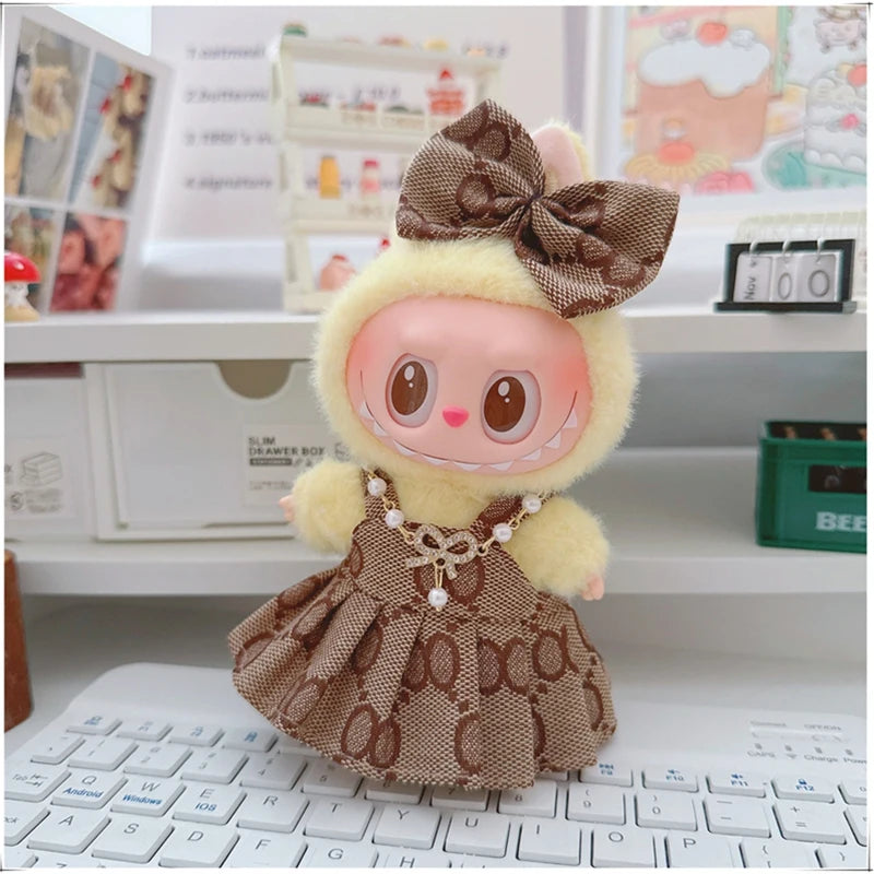 EZ For 17cm Labubu Mini Doll Clothes Outfit Four-leaf Flowers Hat Overalls Clothes Loafer Shoes Doll Accessories Sitting Party