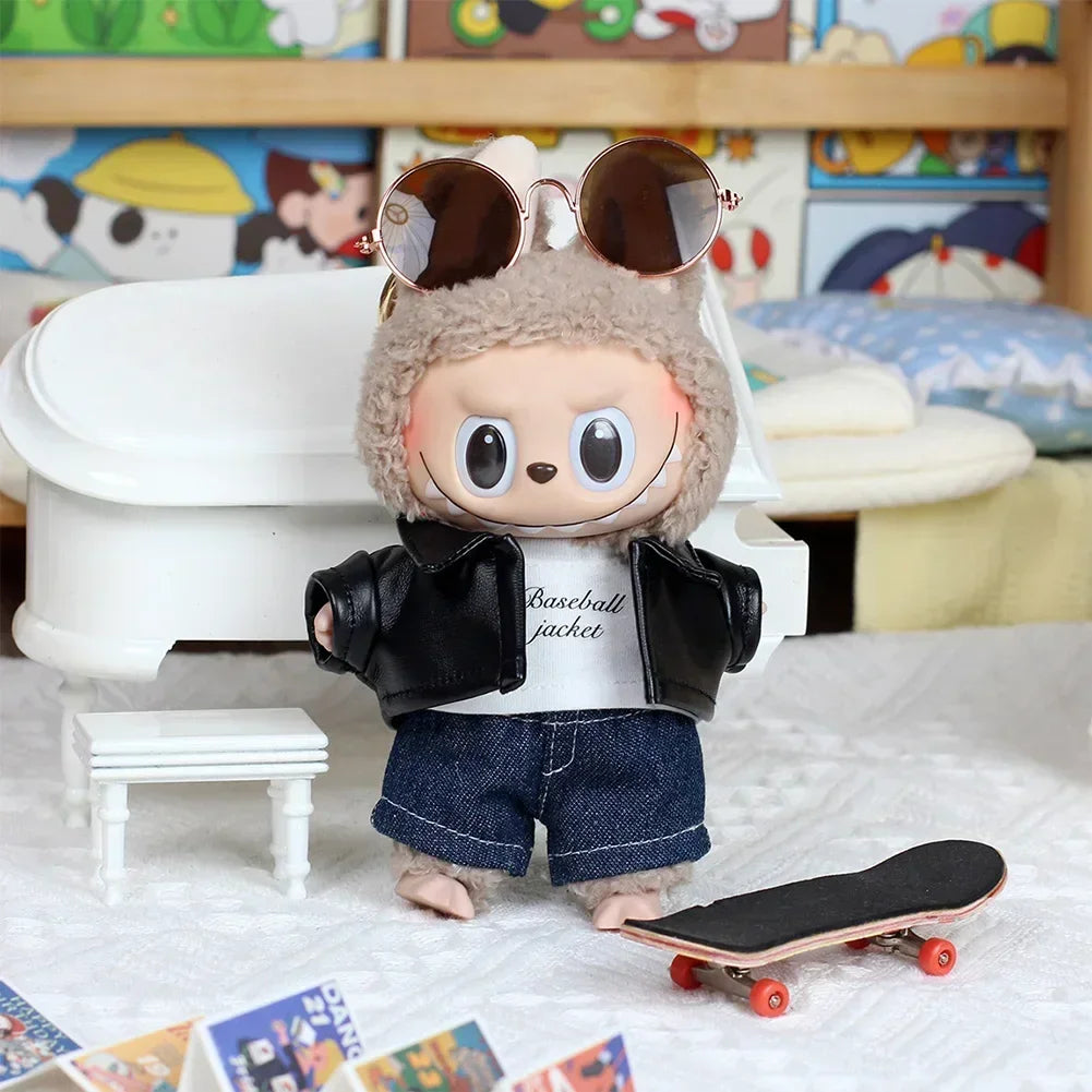 EZ For labubu Cool leather Jacket Dress Fashion Mini Plush Doll Clothes Outfit Accessories for Labubu Idol Skirt Clothing Gift