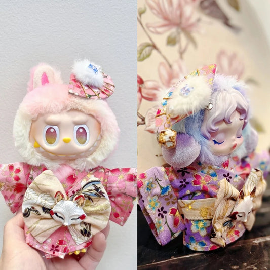 EZ Skull Panda Labubu Japanese Style Dress for 17cm Labubu Doll Outfit Koi Cherry Blossom Pattern Kimono Doll Suit Doll Clothes Set