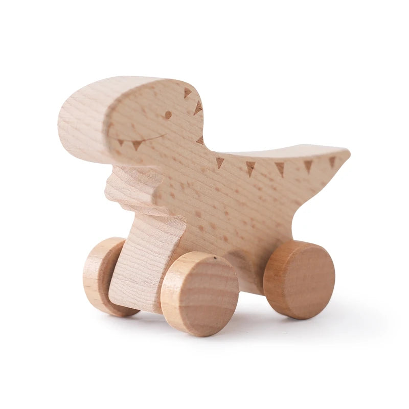EZ Wooden Baby Car Toys Beech Wooden Dinosaur Cartoon Car Teether Educational Montessori Toys For Children Teething Baby Toys