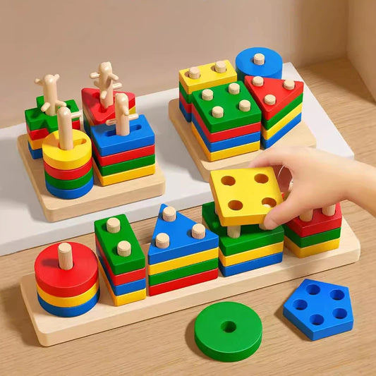 EZ Montessori Wooden Block Toys Children Geometric Shape Color Sorter Block Puzzles Toddler Sorting Math Bricks Stacking Toys