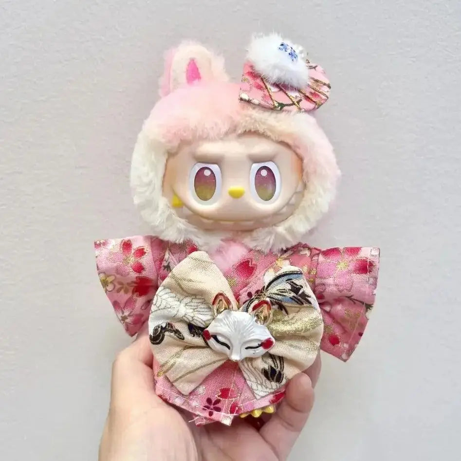EZ Skull Panda Labubu Japanese Style Dress for 17cm Labubu Doll Outfit Koi Cherry Blossom Pattern Kimono Doll Suit Doll Clothes Set