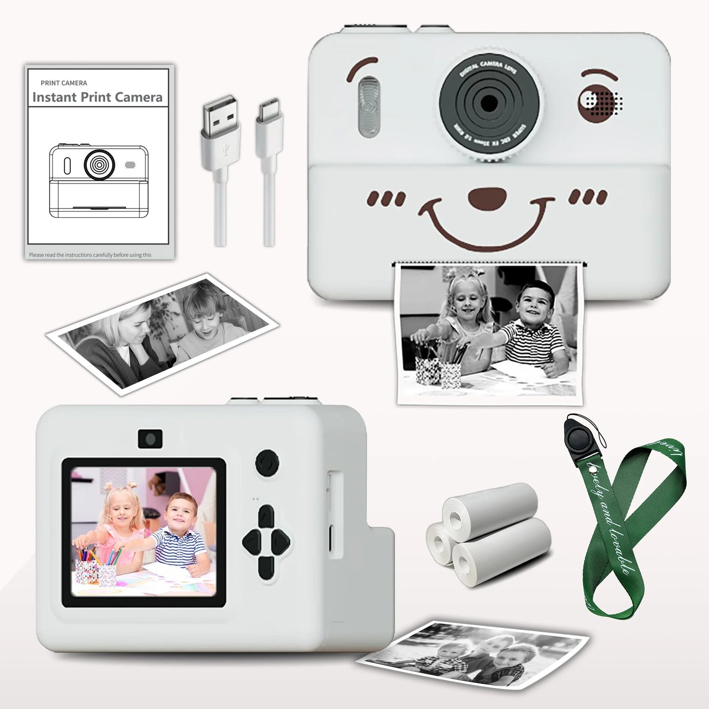 EZ kids instant camera with 3 rolls thermal paper photo&video&games 1080p HD screen 1500mAh lithium battery  gift for boys&girls