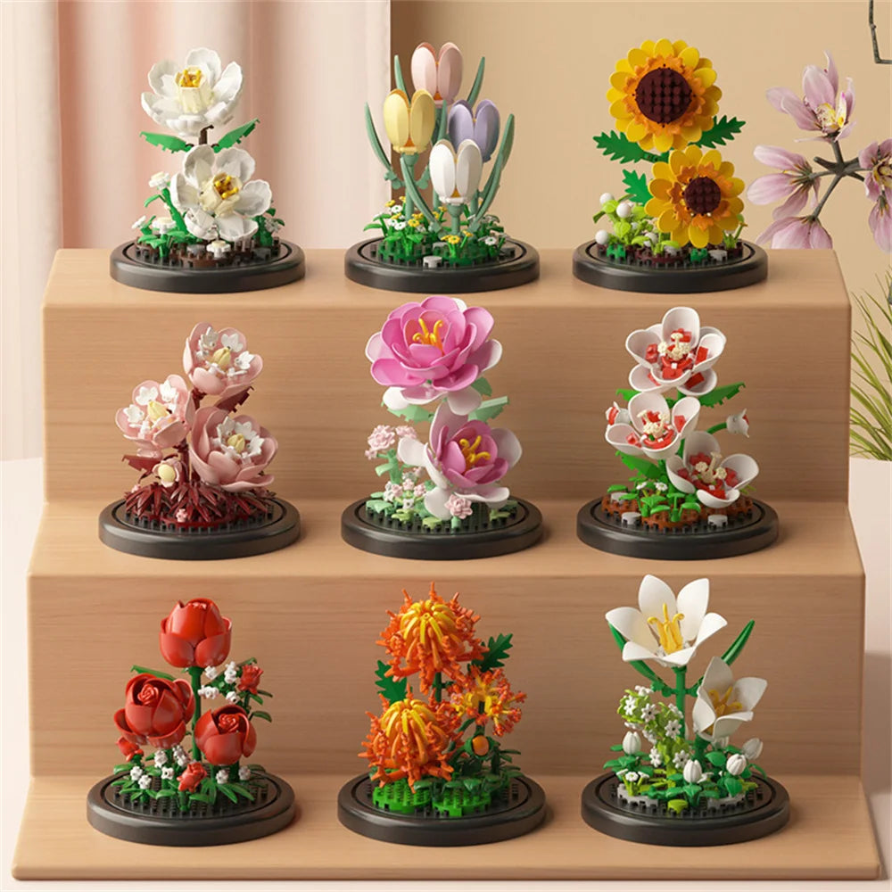 EZ Eternal Flower Bouquet Bonsai Potted Plant Micro Building Blocks Model Home Decoration Toy For Kid Birthday Gift