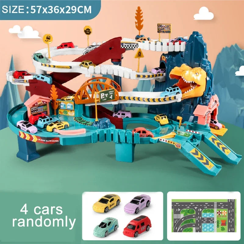 EZ Electric Rail Car Dinosaur Building Parking Lot Adventure Racing Rail Car Toys Children Brain Mechanical Interactive Rail Cars