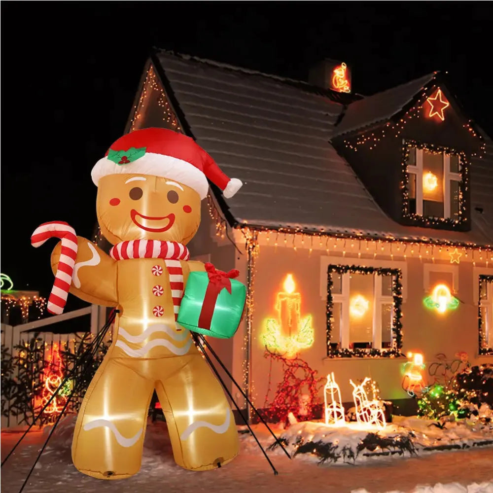 EZ 8FT/2.4M Christmas Inflatables Gingerbread Man with Gift Pack Outdoor Decorations Xmas Yard Decorations with LED Lights for Lawn